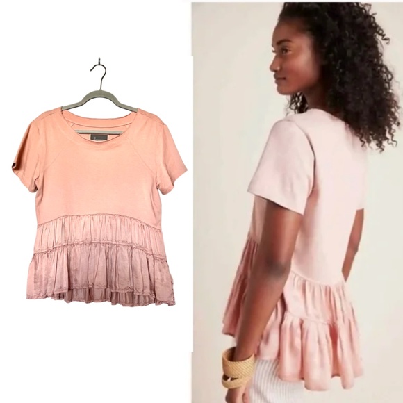 Anthropologie Iona Flounce Swing Mixed Media Tiered Blouse Short Sleeve Size SP - Picture 1 of 8